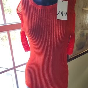 Zara Women's Vibrant Orange Reddish Crew Neck Sweater